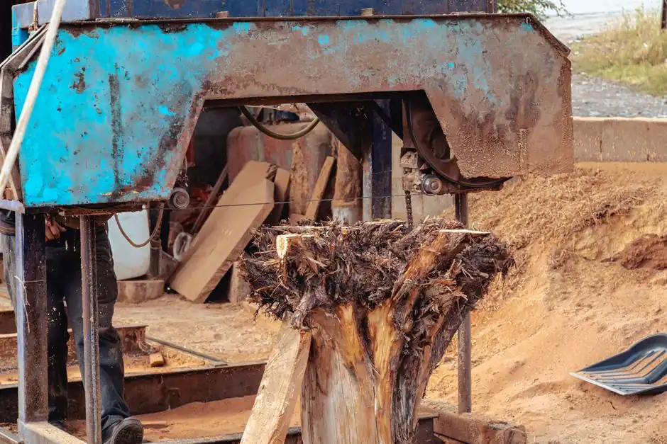 Close-up of a logging machine in action cutting a large tree stump outdoors.